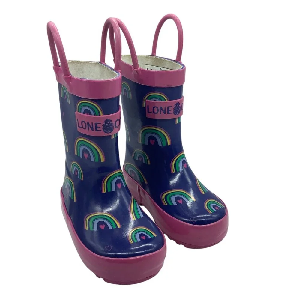 Lone Cone Kids Rain Boots Rainbow‎ Print Navy Pink Rubber US 4 Toddler